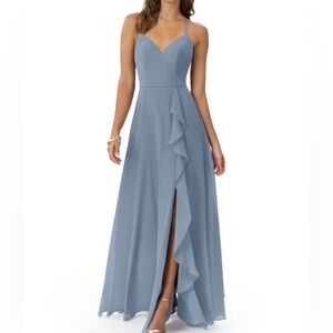 🥒 Azazie NWT Naeem A-Line Maxi Chiffon Bridesmaids Dress Slate Blue Ruffle 10